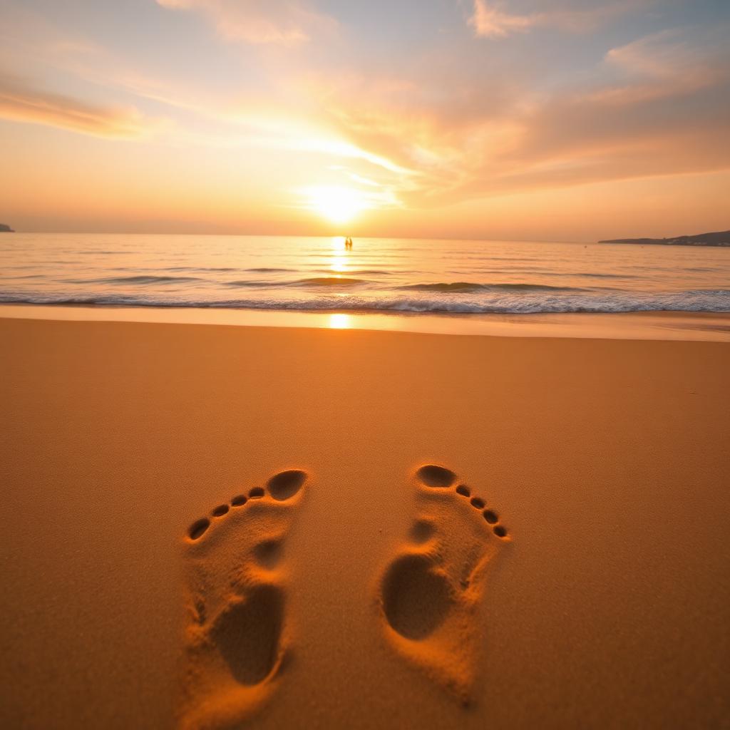 Footprints on a sandy beach at sunset